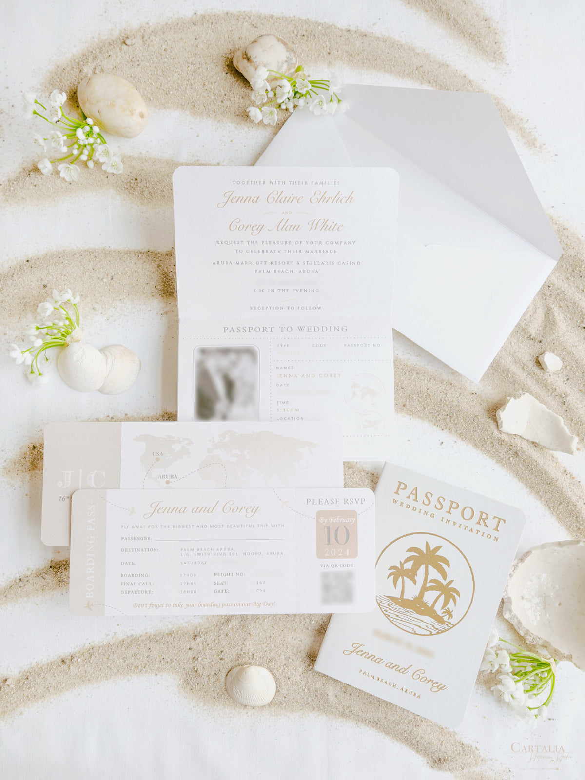 White Vegan Leather Passport with Gold Foil Palm Trees | Caribbean Wedding Invitation