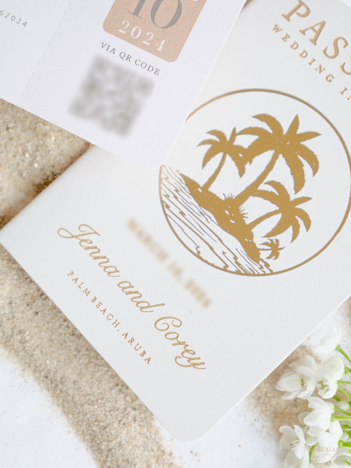 White Vegan Leather Passport with Gold Foil Palm Trees | Caribbean Wedding Invitation