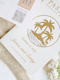 White Vegan Leather Passport with Gold Foil Palm Trees | Caribbean Wedding Invitation