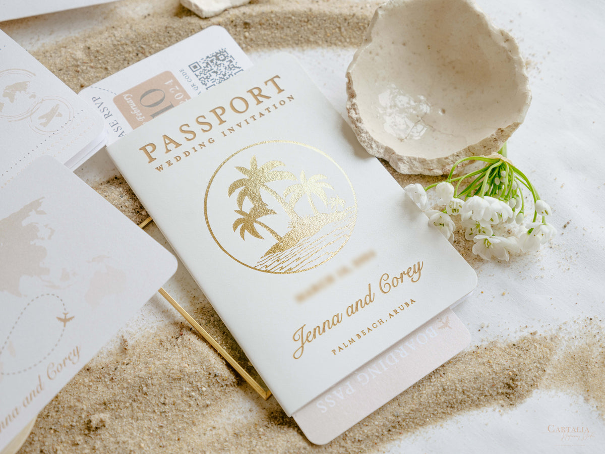 White Vegan Leather Passport with Gold Foil Palm Trees | Caribbean Wedding Invitation