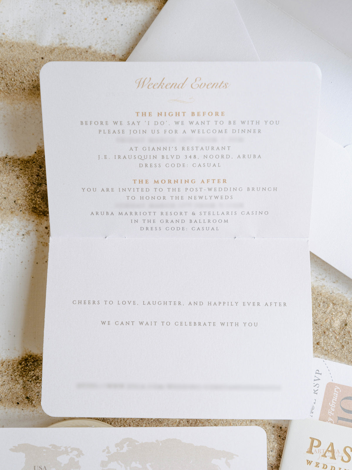 White Vegan Leather Passport with Gold Foil Palm Trees | Caribbean Wedding Invitation