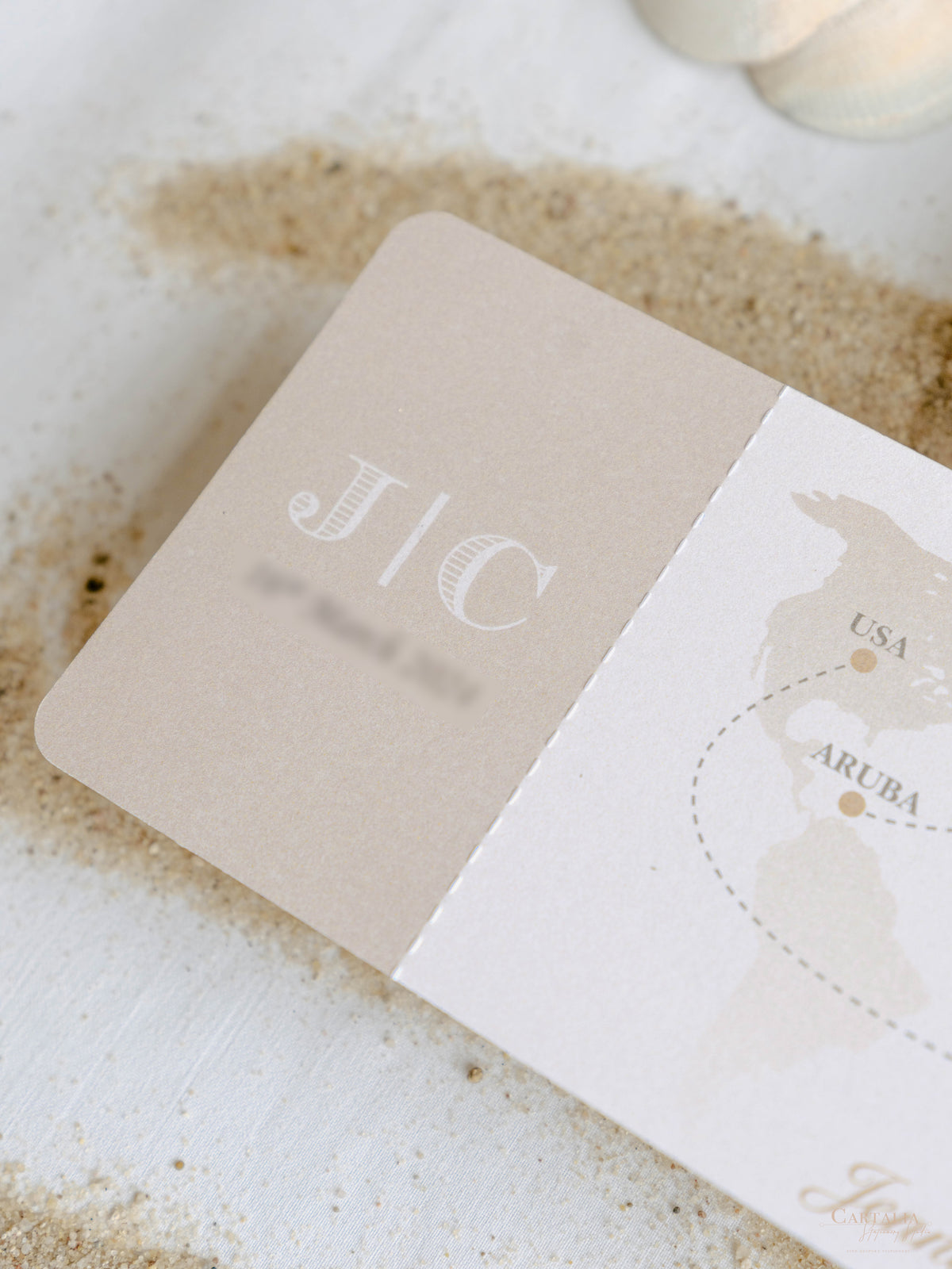 White Vegan Leather Passport with Gold Foil Palm Trees | Caribbean Wedding Invitation