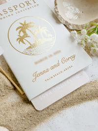 White Vegan Leather Passport with Gold Foil Palm Trees | Caribbean Wedding Invitation