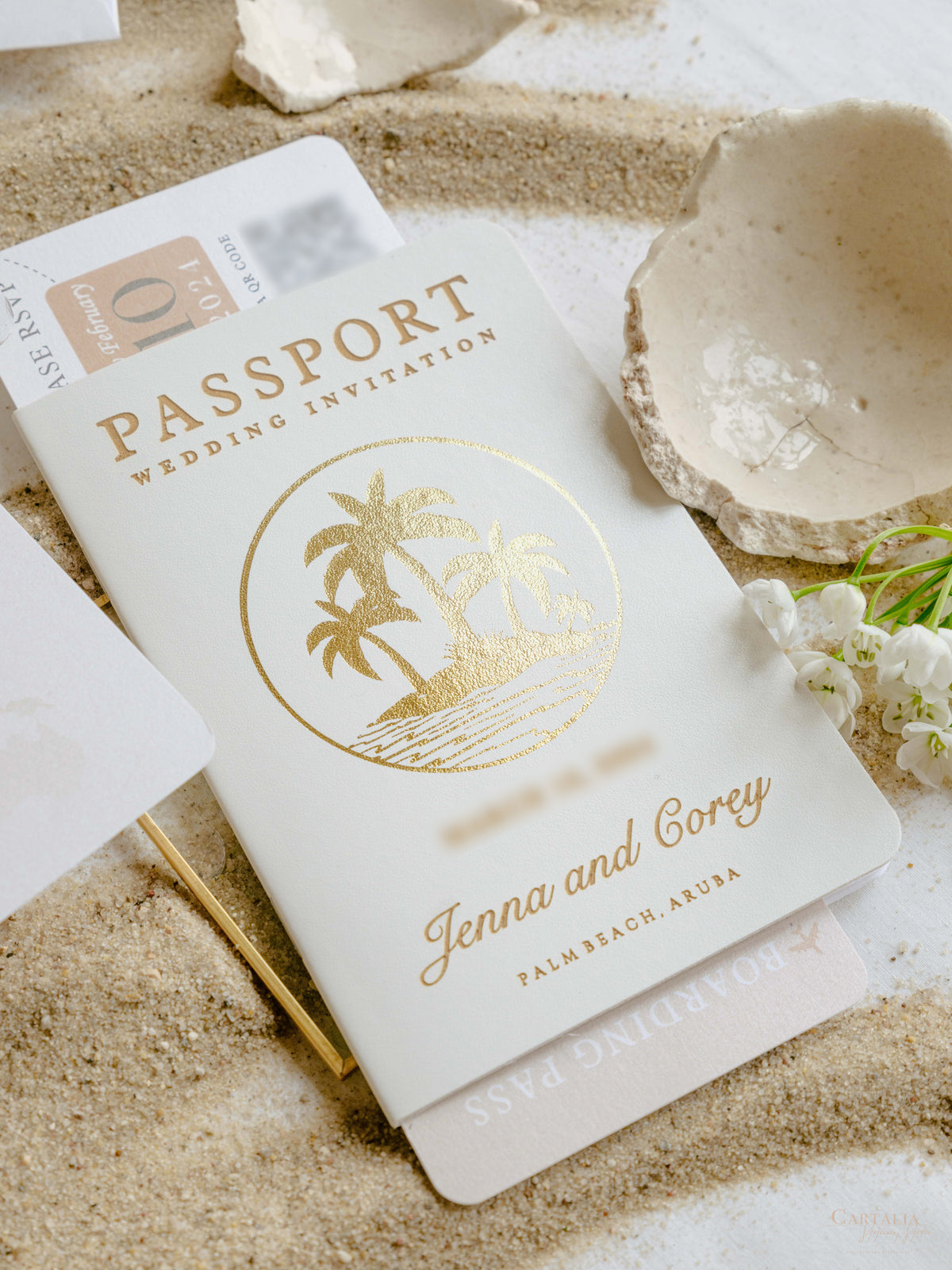 White Vegan Leather Passport with Gold Foil Palm Trees | Caribbean Wedding Invitation