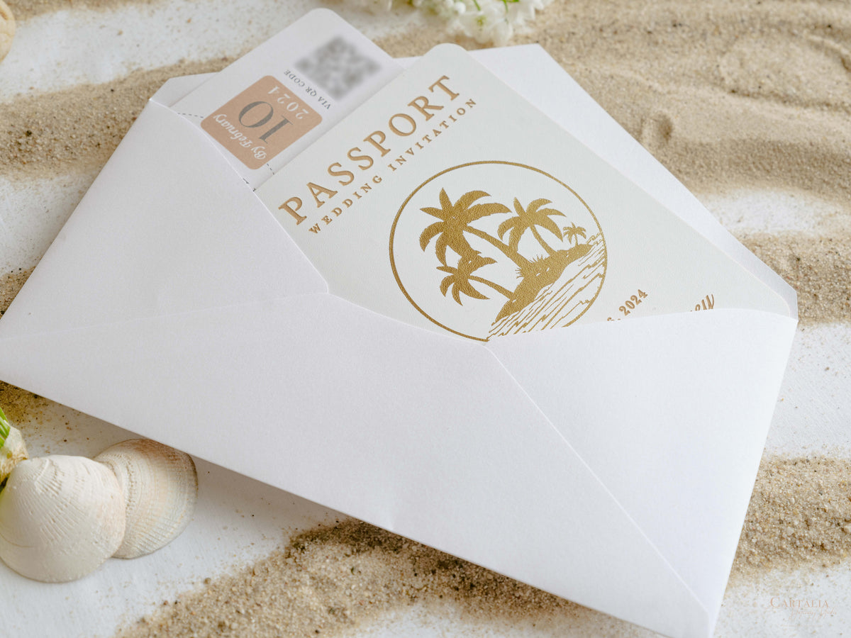 White Vegan Leather Passport with Gold Foil Palm Trees | Caribbean Wedding Invitation