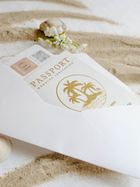 White Vegan Leather Passport with Gold Foil Palm Trees | Caribbean Wedding Invitation