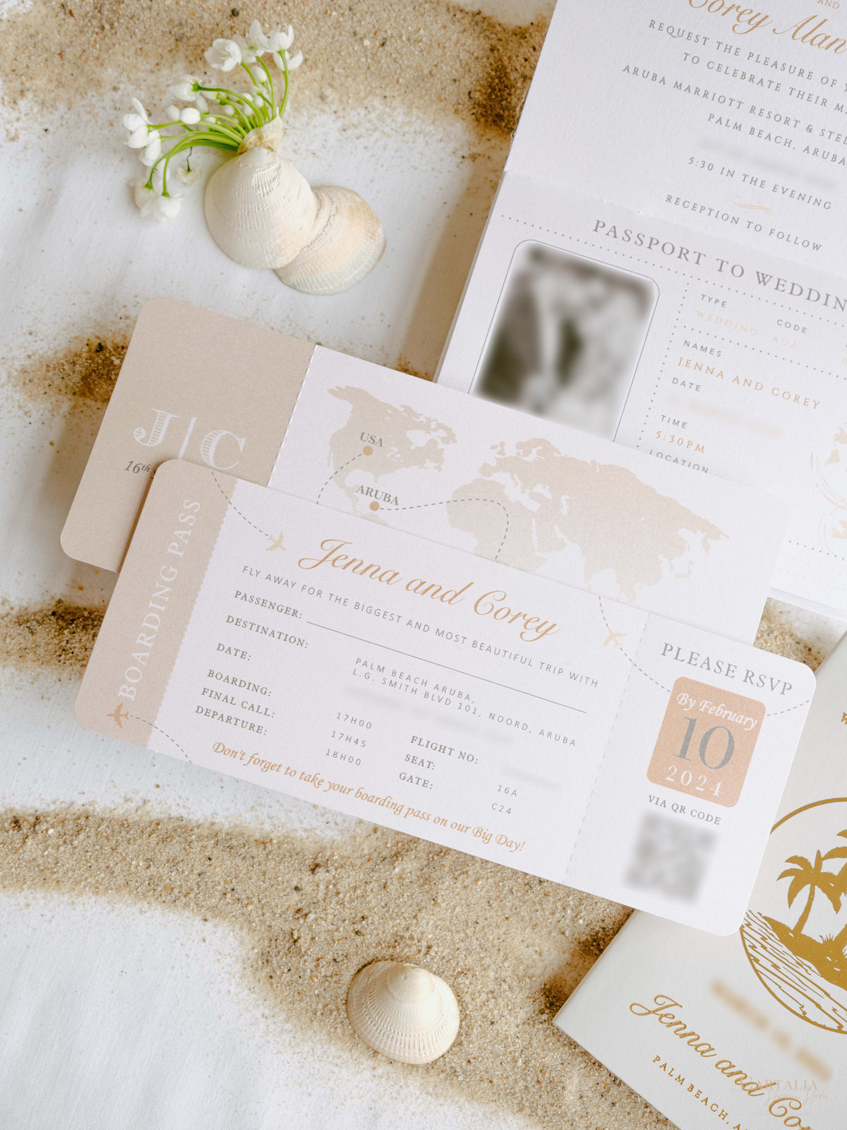 White Vegan Leather Passport with Gold Foil Palm Trees | Caribbean Wedding Invitation