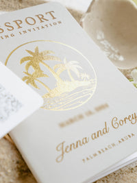 White Vegan Leather Passport with Gold Foil Palm Trees | Caribbean Wedding Invitation