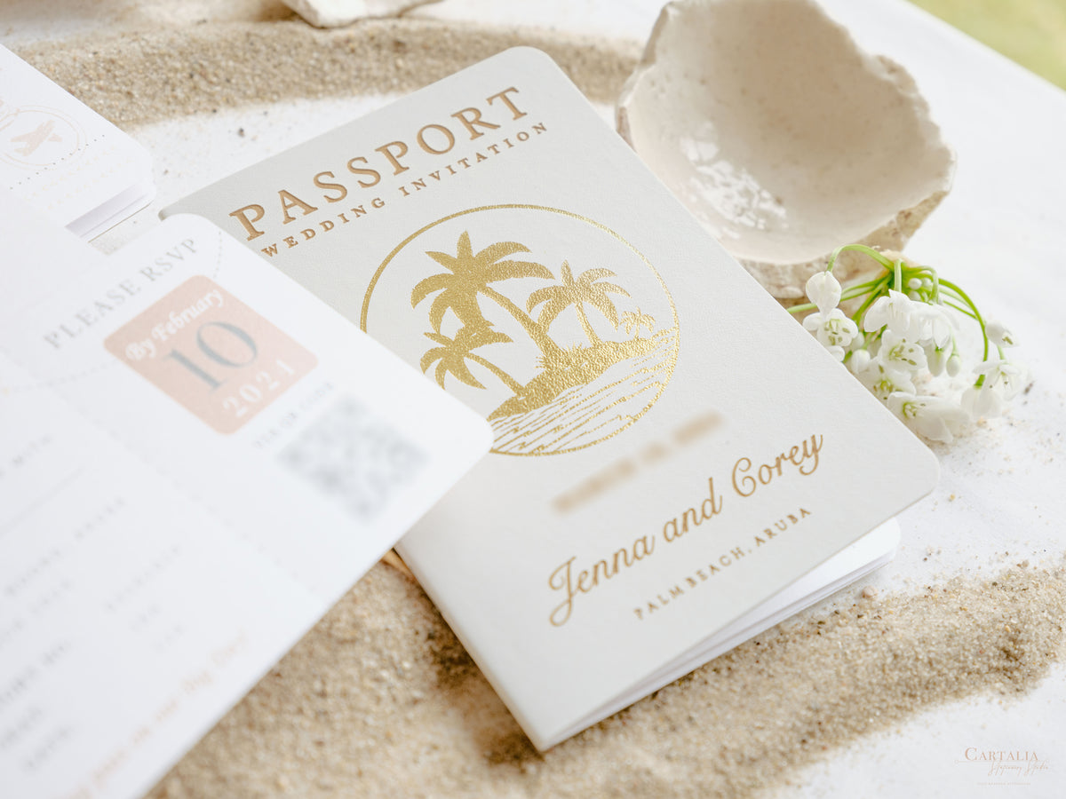 White Vegan Leather Passport with Gold Foil Palm Trees | Caribbean Wedding Invitation