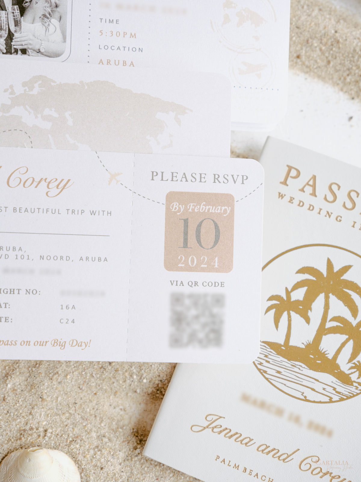 White Vegan Leather Passport with Gold Foil Palm Trees | Caribbean Wedding Invitation