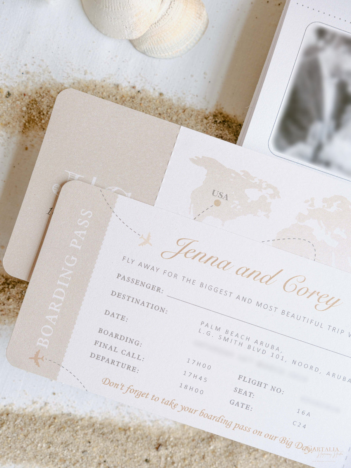 White Vegan Leather Passport with Gold Foil Palm Trees | Caribbean Wedding Invitation