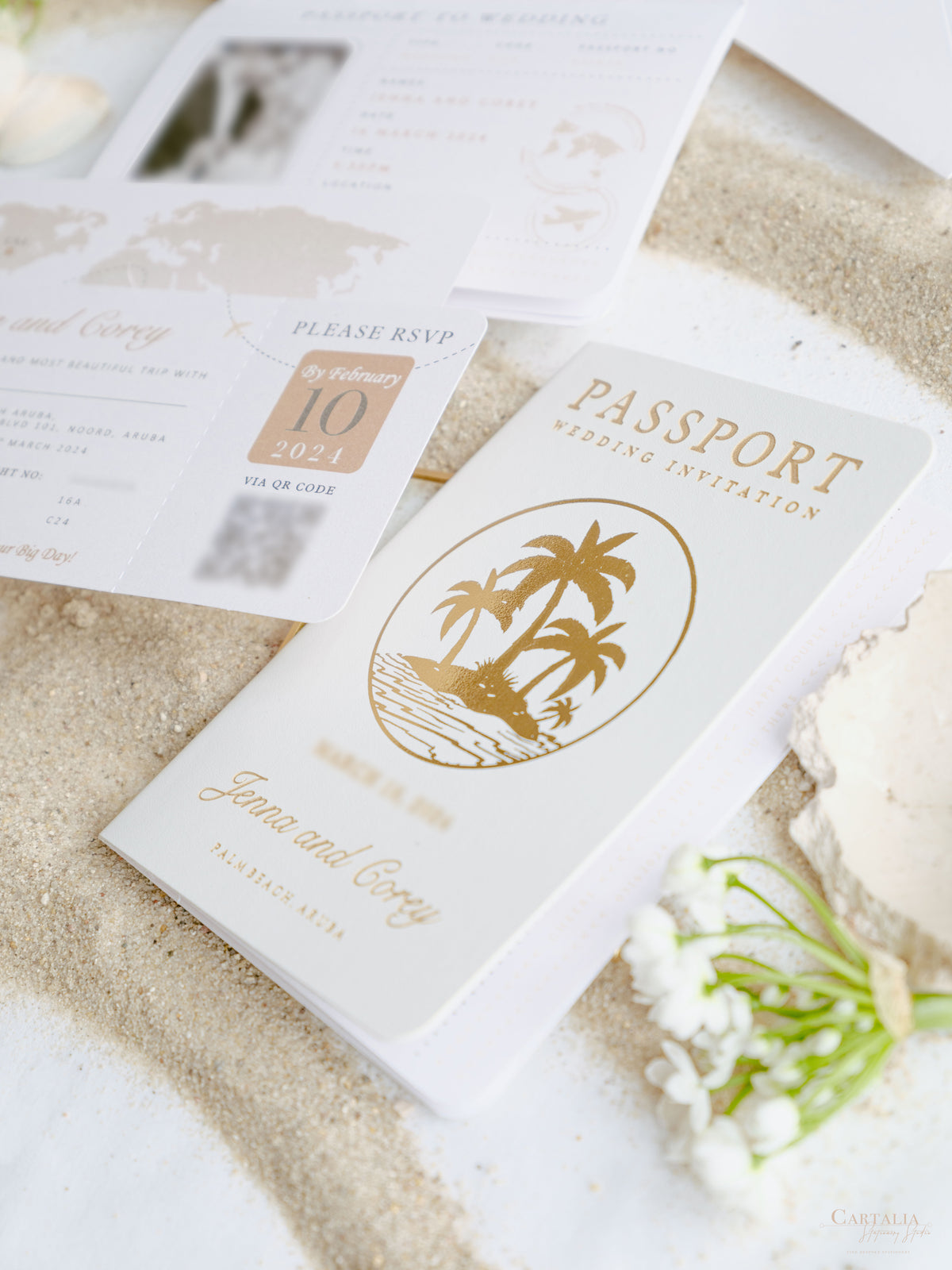 White Vegan Leather Passport with Gold Foil Palm Trees | Caribbean Wedding Invitation