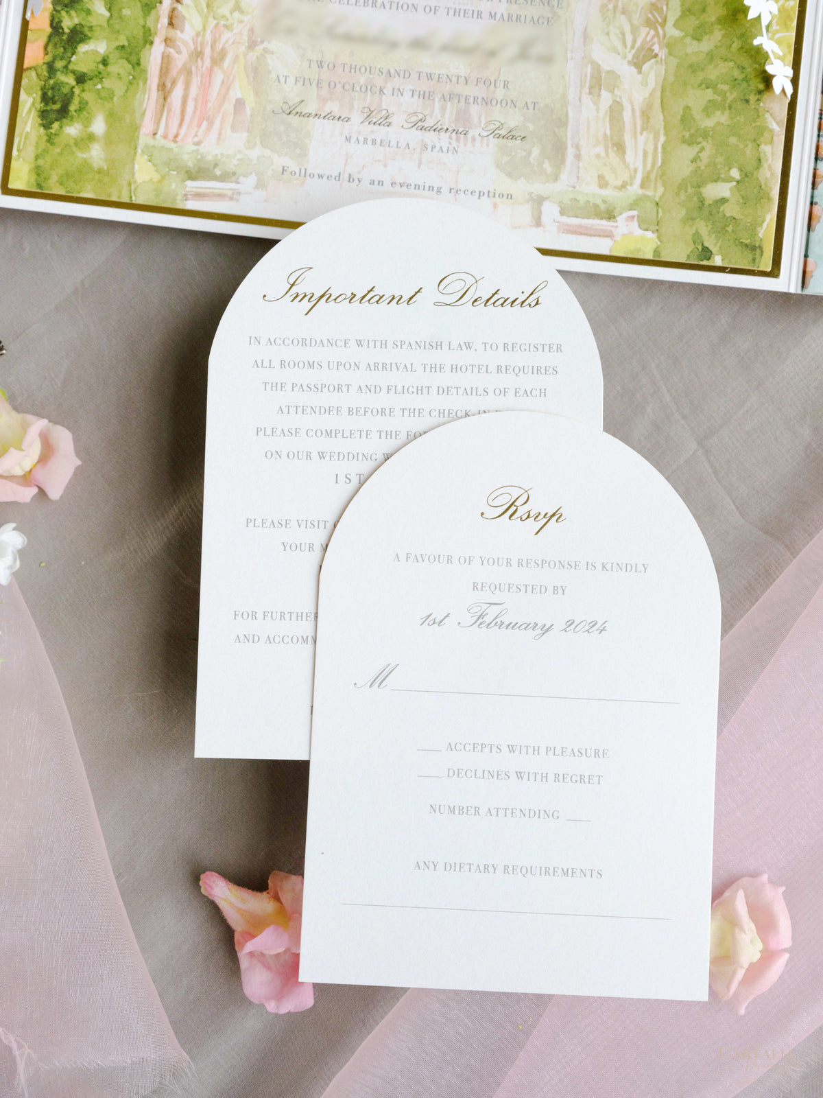 Luxury Wedding Invitation Suite with Watercolour Venue and Gold Foil | Villa Padierna Palace Marbella | Bespoke Commission for B&H