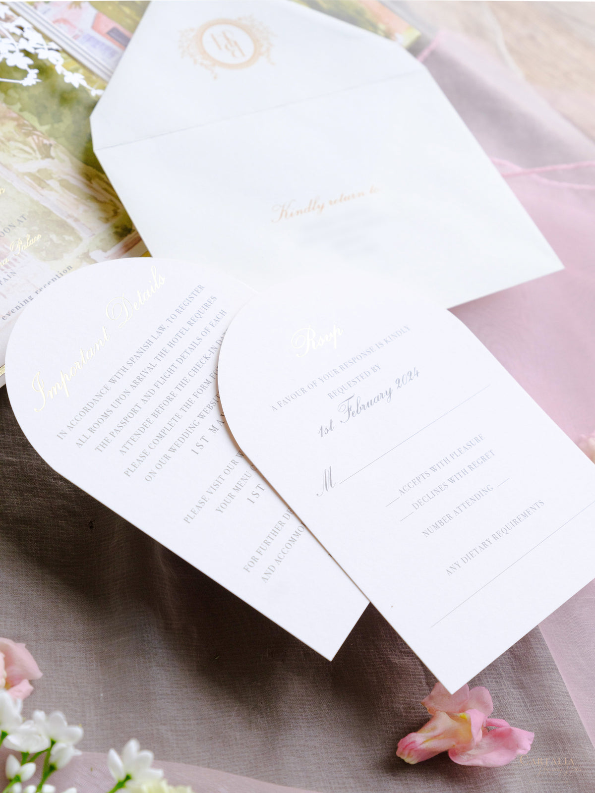 Luxury Wedding Invitation Suite with Watercolour Venue and Gold Foil | Villa Padierna Palace Marbella | Bespoke Commission for B&H