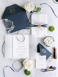 Custom Watercolour Venue Invitation in Letterpress with Vellum & Wax Seal | Villa Pliniana, Lake Como