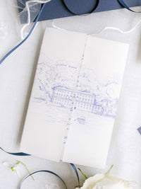 Custom Watercolour Venue Invitation in Letterpress with Vellum & Wax Seal | Villa Pliniana, Lake Como