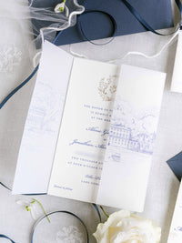 Custom Watercolour Venue Invitation in Letterpress with Vellum & Wax Seal | Villa Pliniana, Lake Como