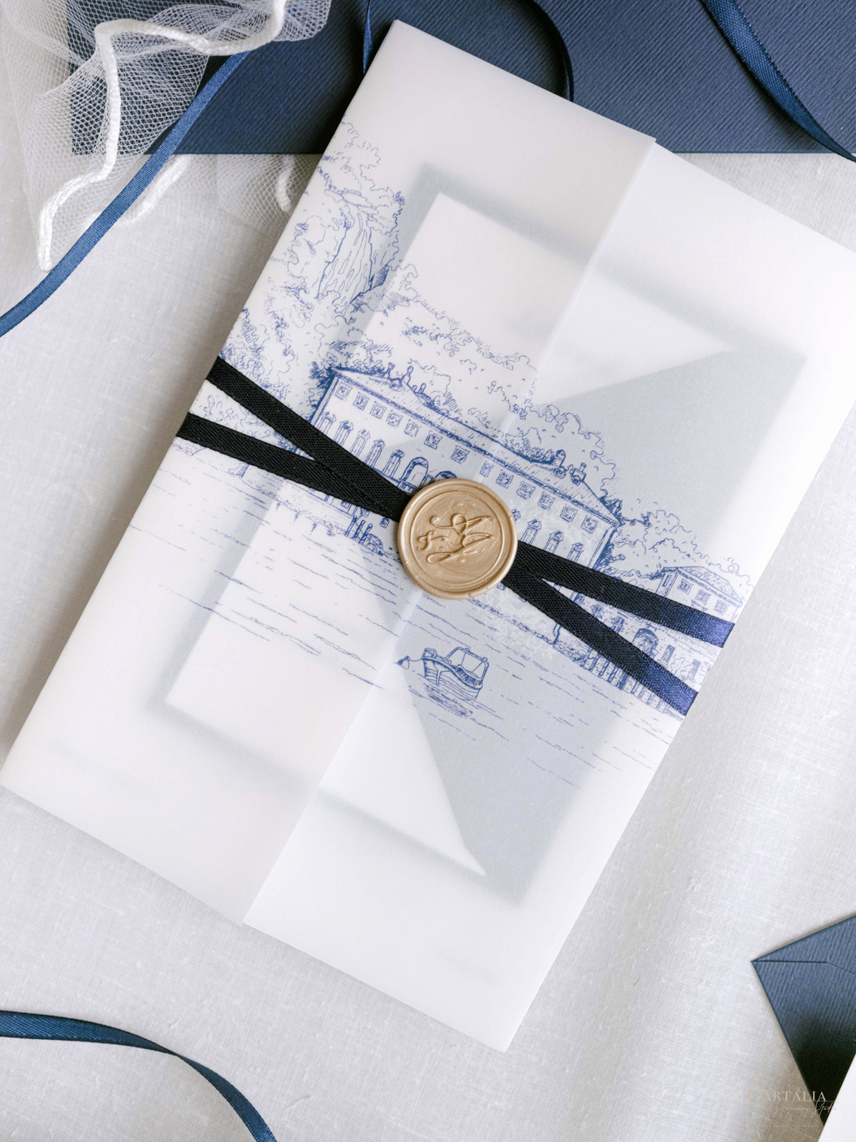 Custom Watercolour Venue Invitation in Letterpress with Vellum & Wax Seal | Villa Pliniana, Lake Como