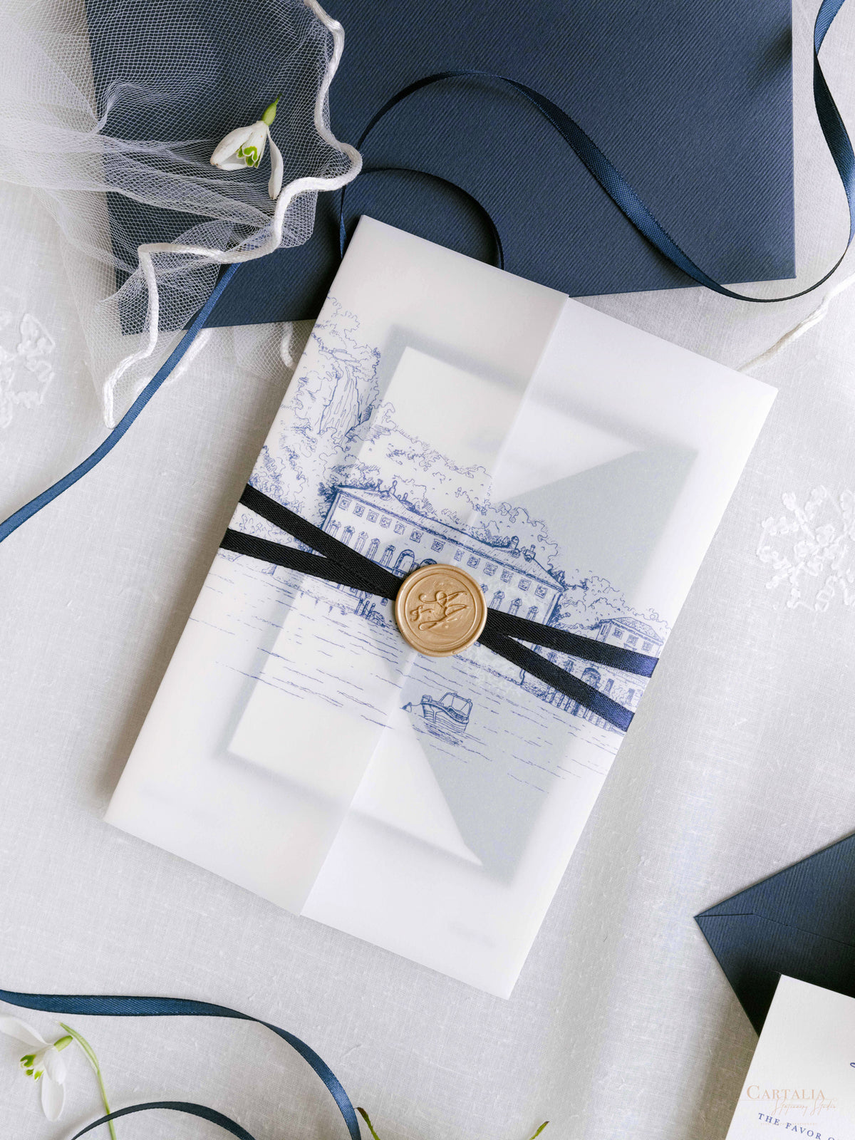 Custom Watercolour Venue Invitation in Letterpress with Vellum & Wax Seal | Villa Pliniana, Lake Como