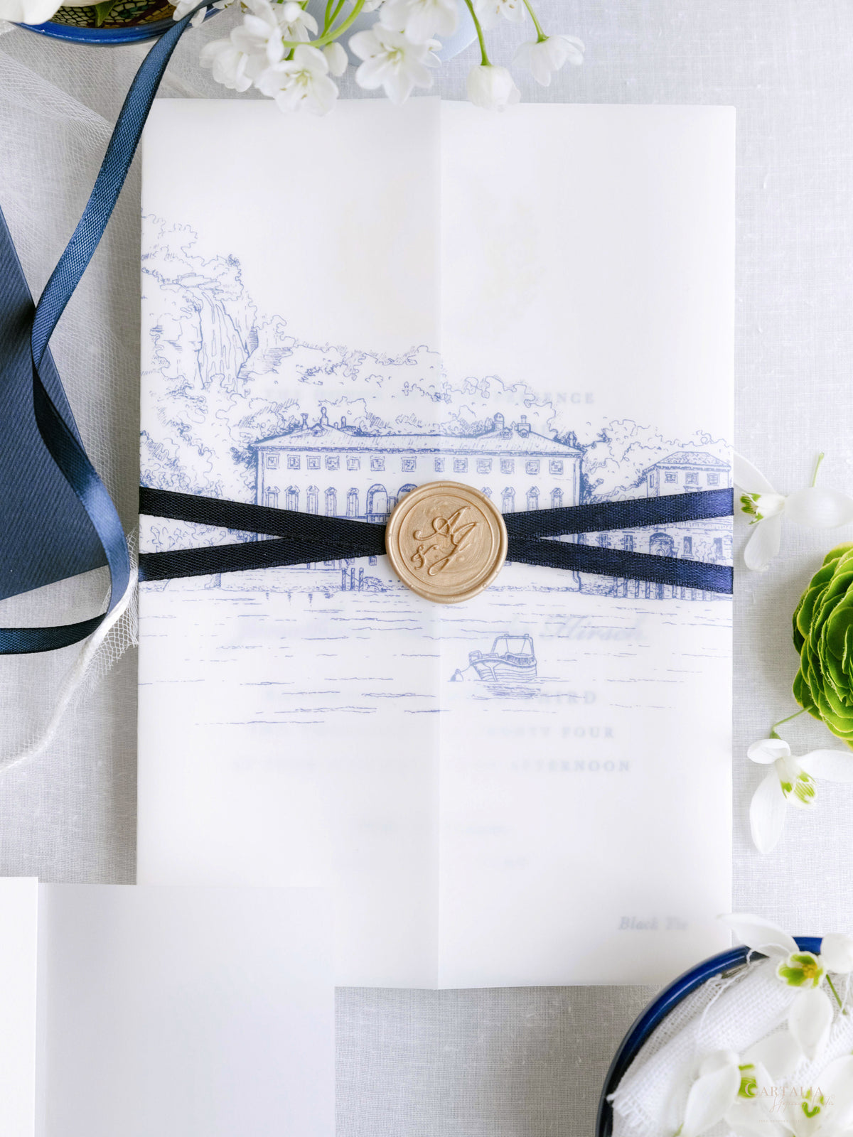 Custom Watercolour Venue Invitation in Letterpress with Vellum & Wax Seal | Villa Pliniana, Lake Como