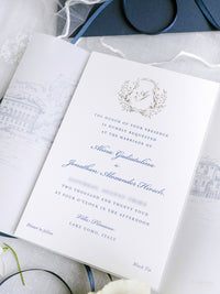 Custom Watercolour Venue Invitation in Letterpress with Vellum & Wax Seal | Villa Pliniana, Lake Como