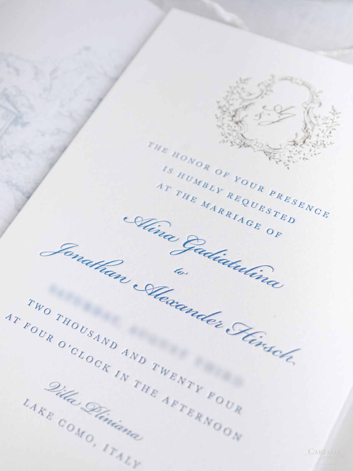 Custom Watercolour Venue Invitation in Letterpress with Vellum & Wax Seal | Villa Pliniana, Lake Como