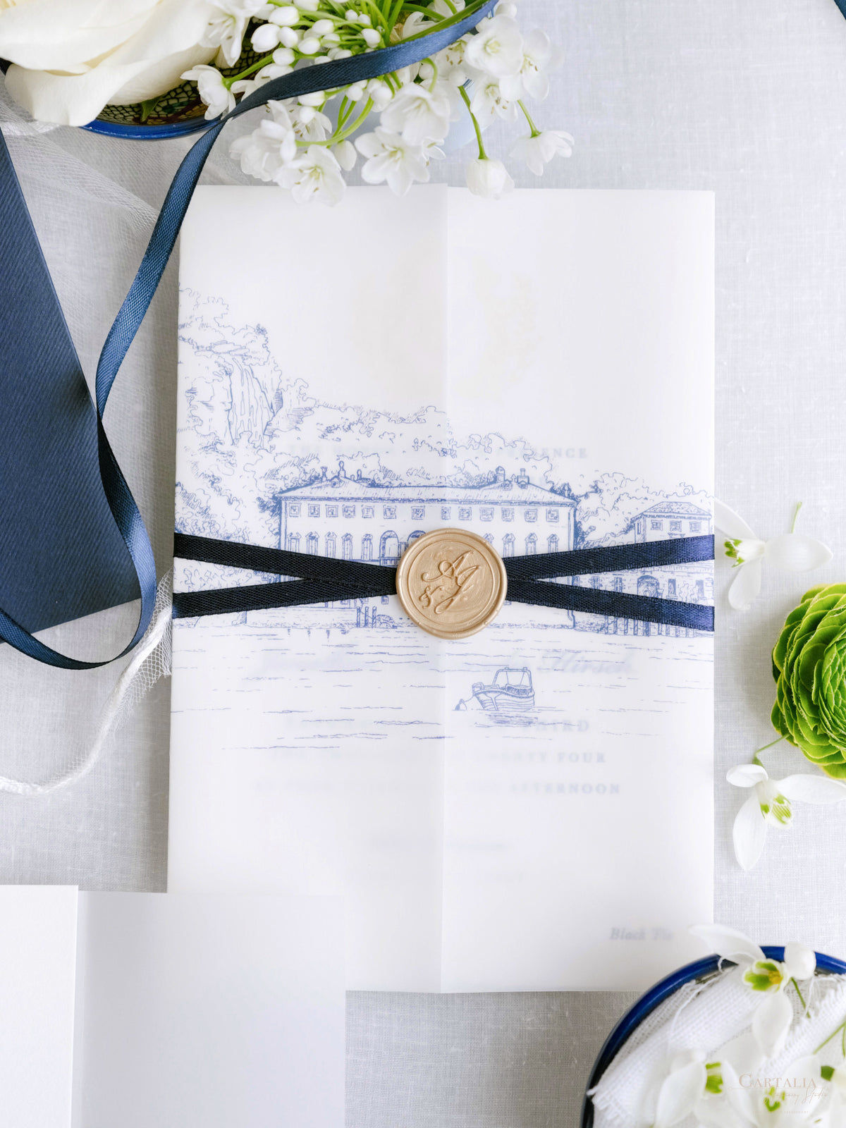 Custom Watercolour Venue Invitation in Letterpress with Vellum & Wax Seal | Villa Pliniana, Lake Como