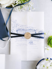 Custom Watercolour Venue Invitation in Letterpress with Vellum & Wax Seal | Villa Pliniana, Lake Como