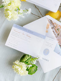 Amalfi Coast Passport Invitation, Lemon Italian Wedding Suite with Custom Vellum Watercolour Skyline