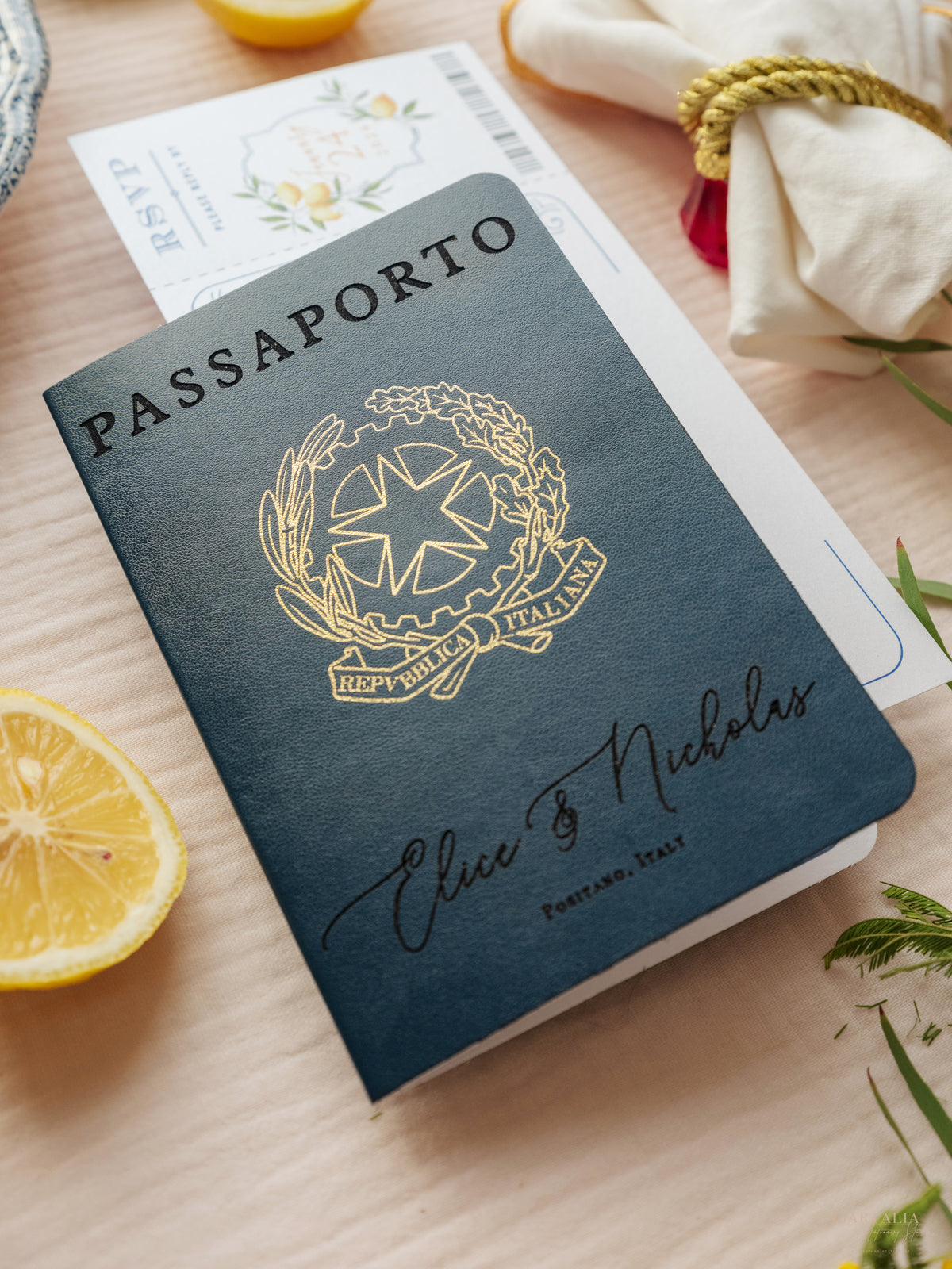 Italian Navy Leather Passport Invitation with Lemons | Amalfi Coast