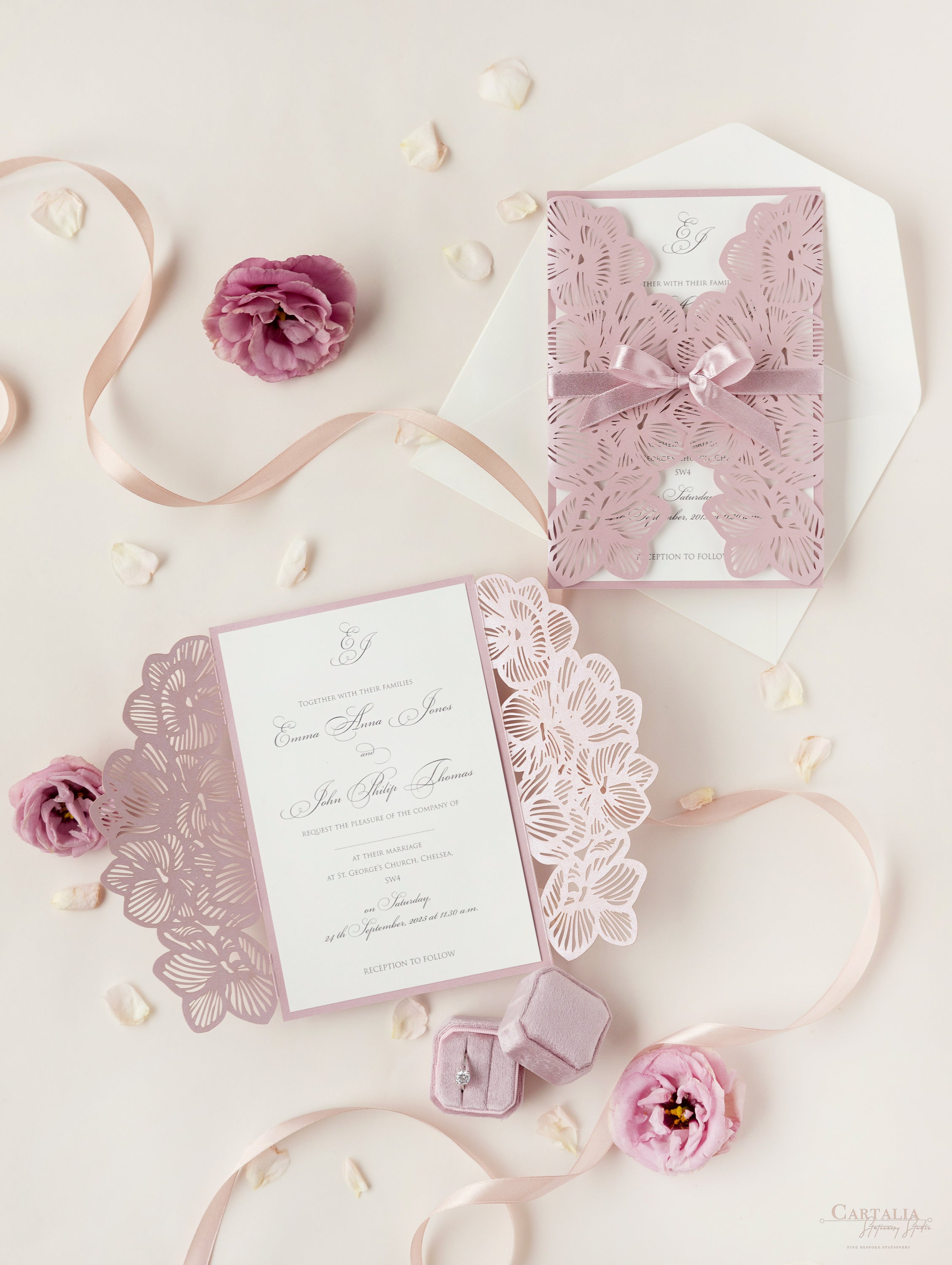 Intricate Orchid with Satin Ribbon Laser Cut Gatefold Wedding 