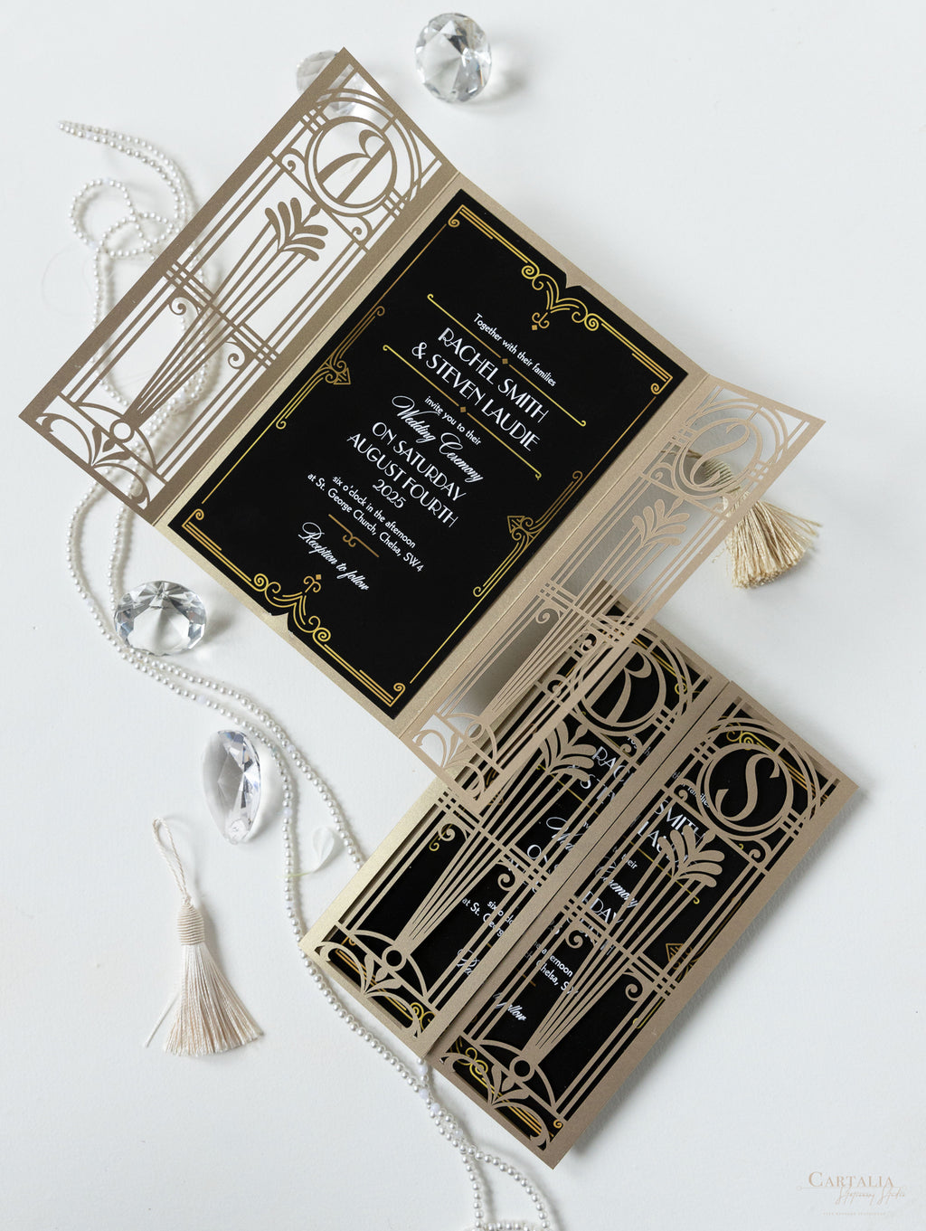 Invito per il giorno delle nozze apribile con taglio laser Art Deco del  Grande Gatsby nero e oro